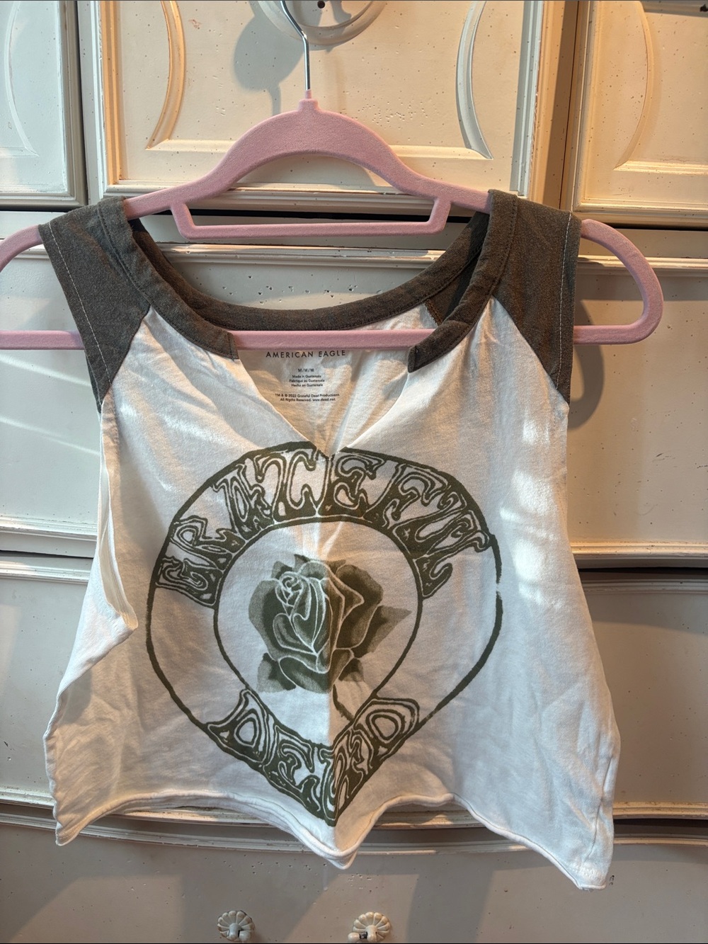American Eagle Outfitters White Tank with Gray Trim and Olive Graphic